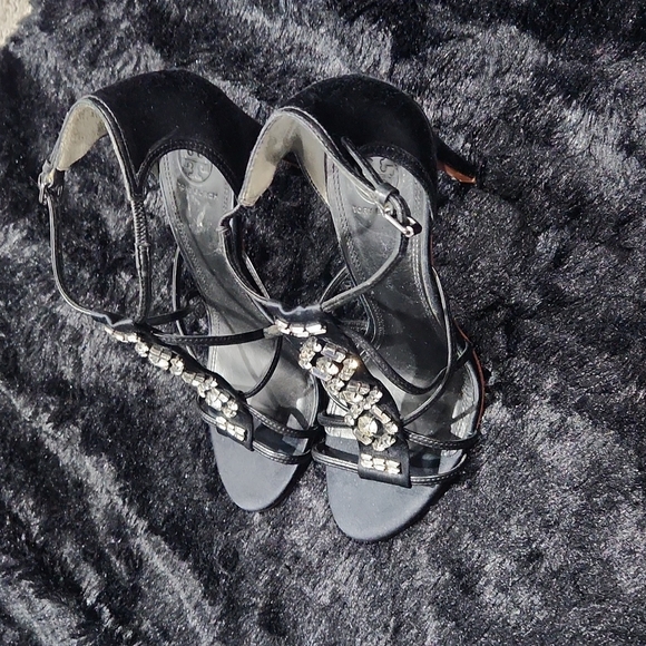 Tory Burch Black Satin and Crystal's with Leather sole Size 38.5 - Picture 6 of 11